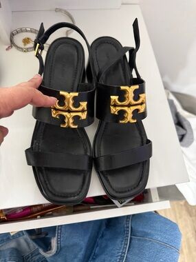 Tory Burch Black Leather Gold-Logo Flat Sandals